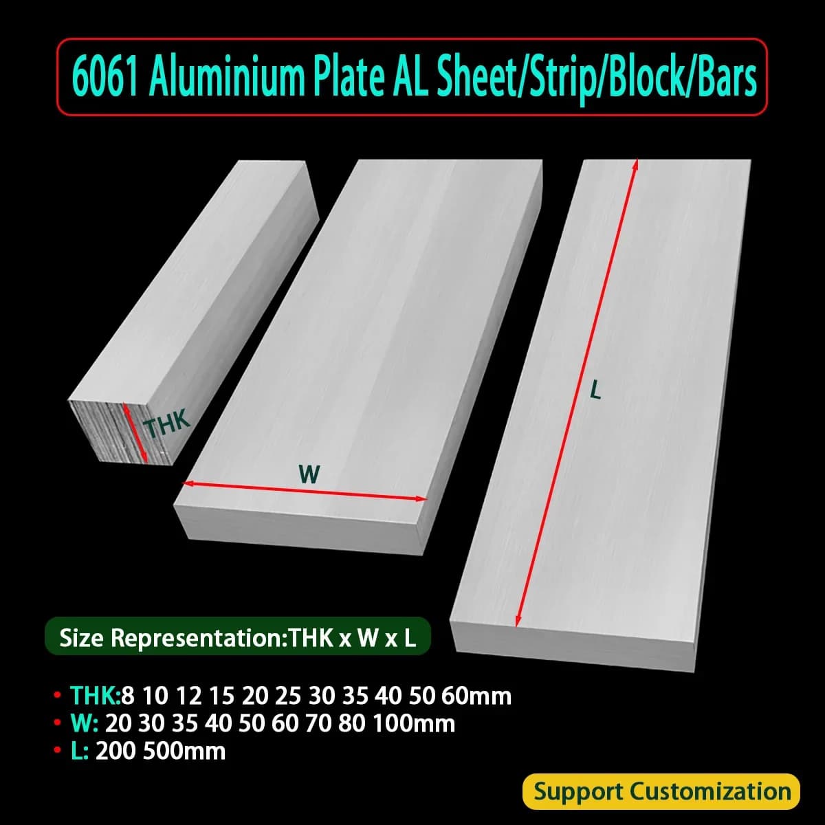 6061 Aluminum Alloy Flat Bar Plate Home DIY Metal Thickness 8 10 12 15 25 30 35 40 50 60mm Width 20-100mm Length 200 500mm