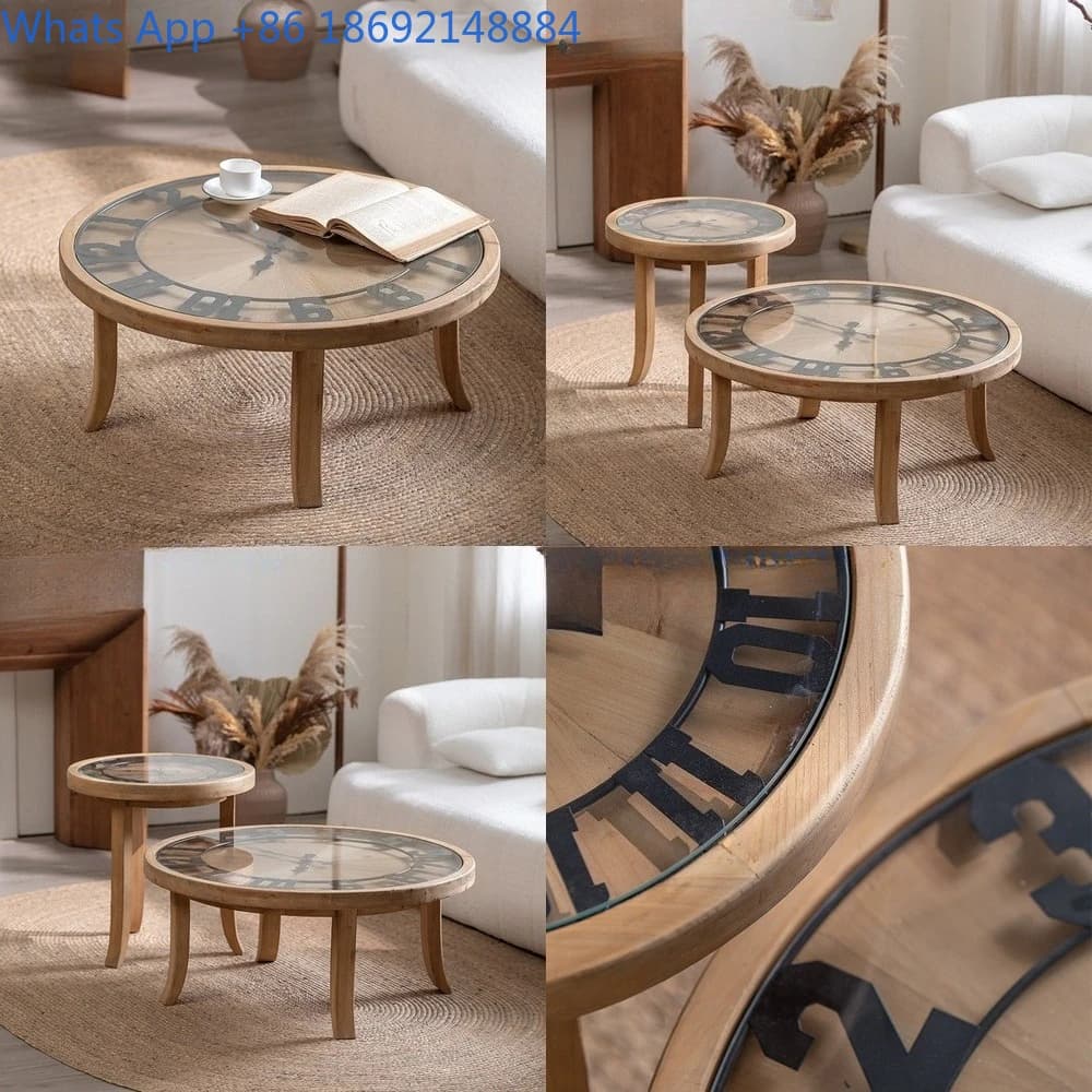 Vintage Style Living Room Clock Coffee Table with Glass Japanese Solid Wood Side Table for Sofa Retro Round Table