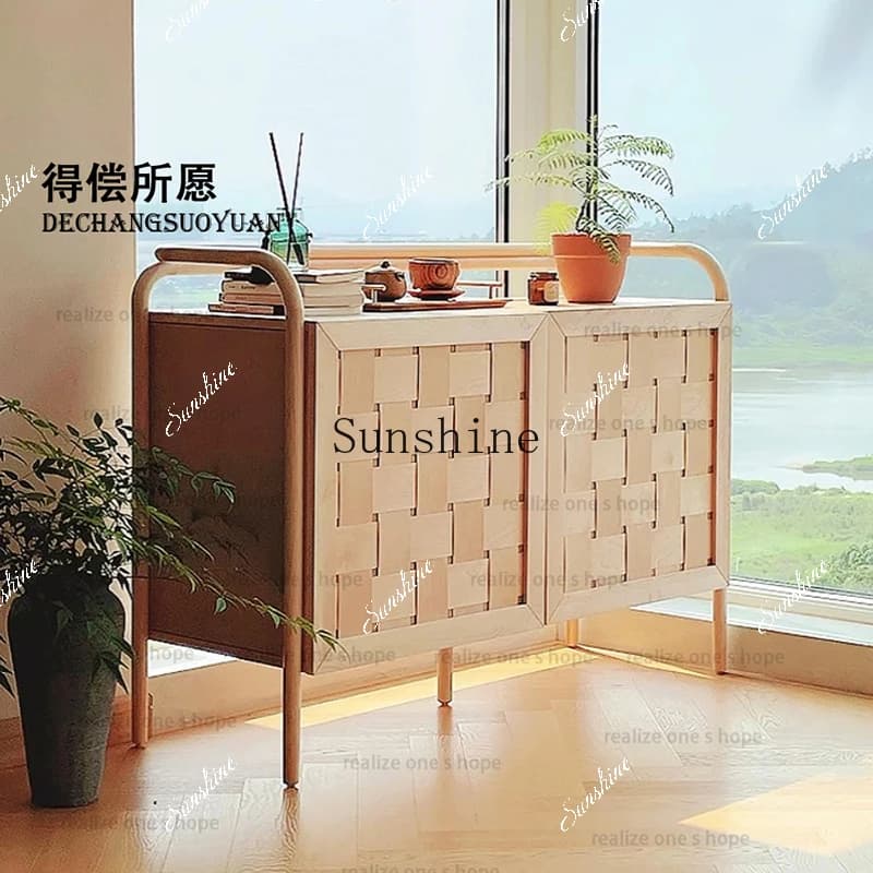 Nordic solid wood dining side simple storage cabinet rattan living room tea and wine cabinet  FT
