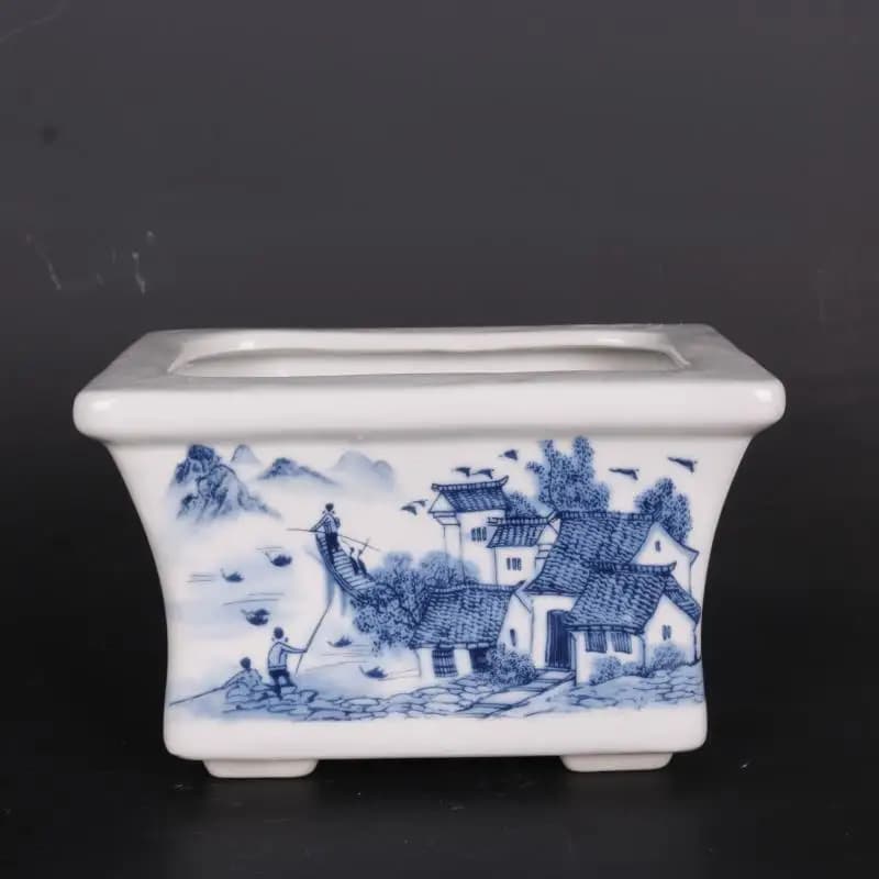Chinese Blue and White Porcelain Landscape Pattern Flowerpot Pot 7.0 inch