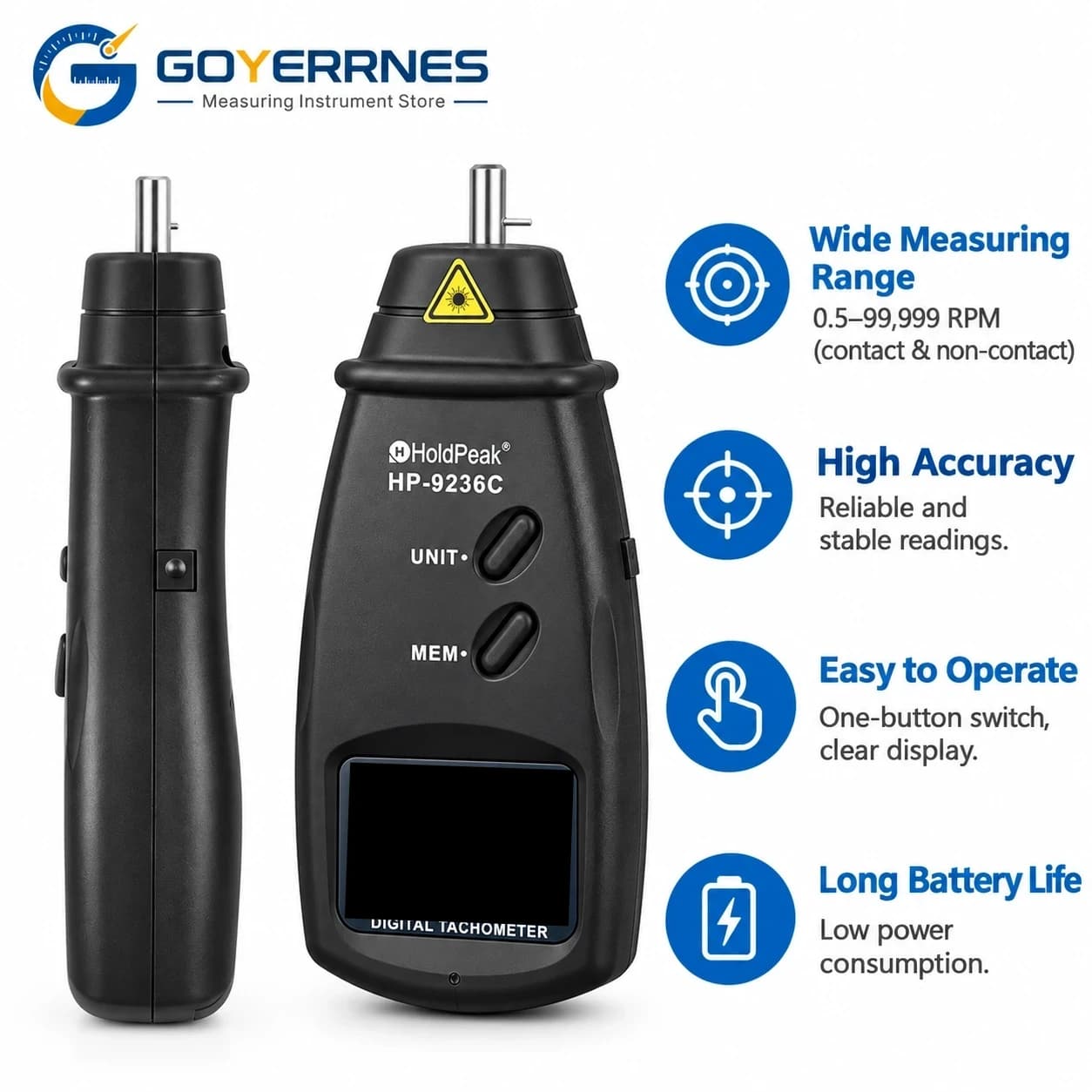 9236C Digital Tachometer Contact Non-Contact RPM Meter 7-99999 RPM Laser for Motor Fan HVAC Industrial