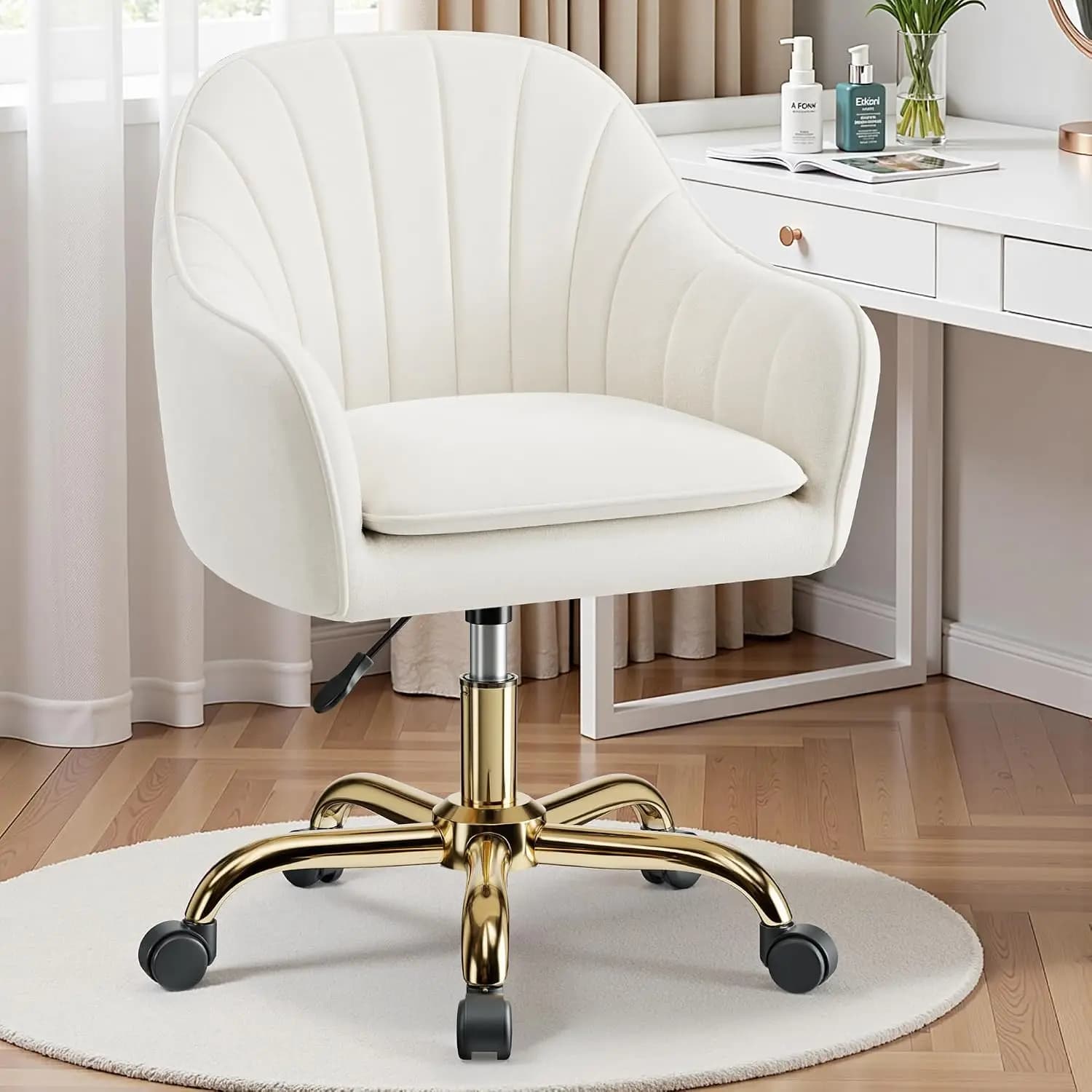 Vanity Chair with Wheels, Comfy Home Office Desk Chairs Adjustable Modern Velvet Makeup Vanity Chairs for Bedroom Living Room