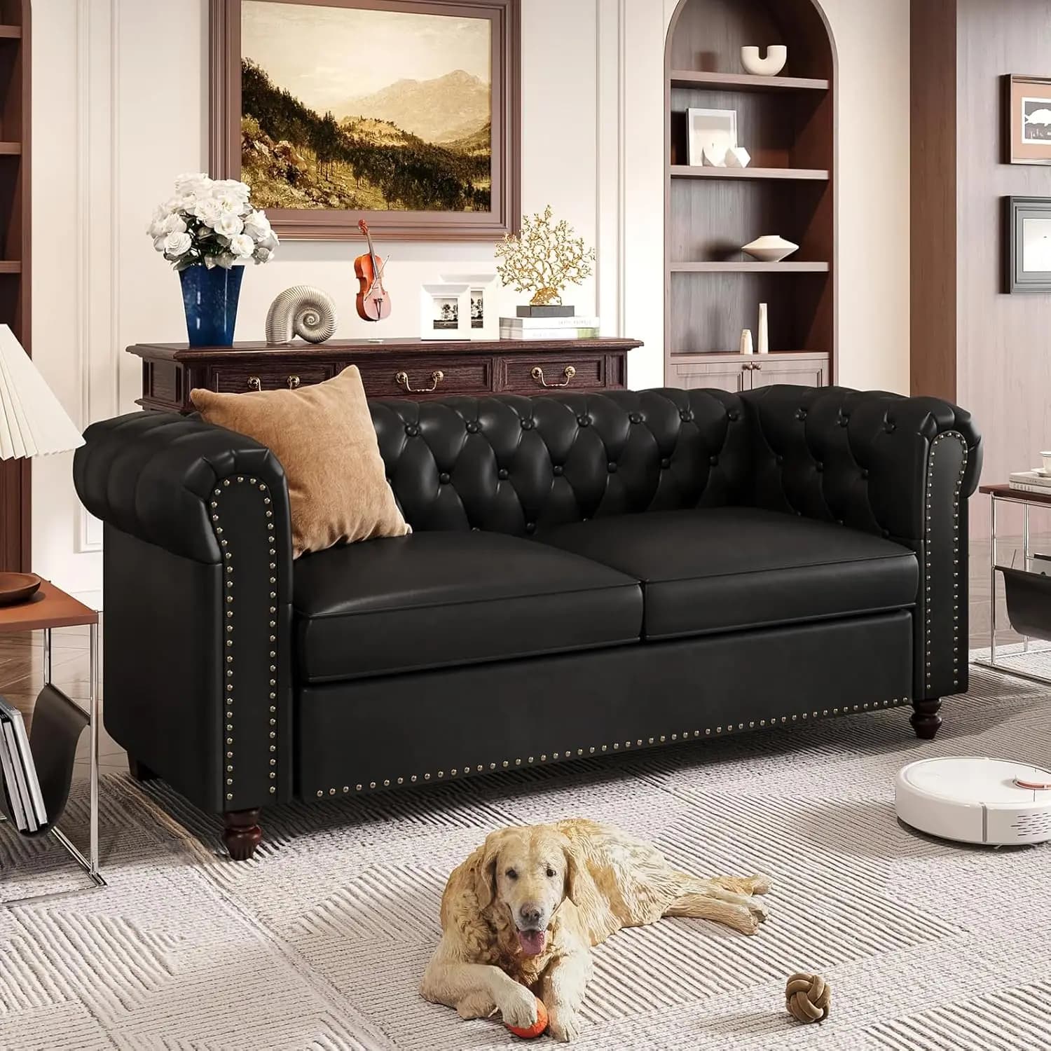Chesterfield Faux Leather Sofa Couch with Wooden Legs&Rolled Arms Tufted Leather Sofa Mid Century Modern Couch for Living Room