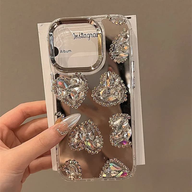 Suitable for iPhone 17 Rhinestone Heart-shaped Phone Case 16e Mirror 15promax All Inclusive 14pro Anti Drop 13 Protective Cover