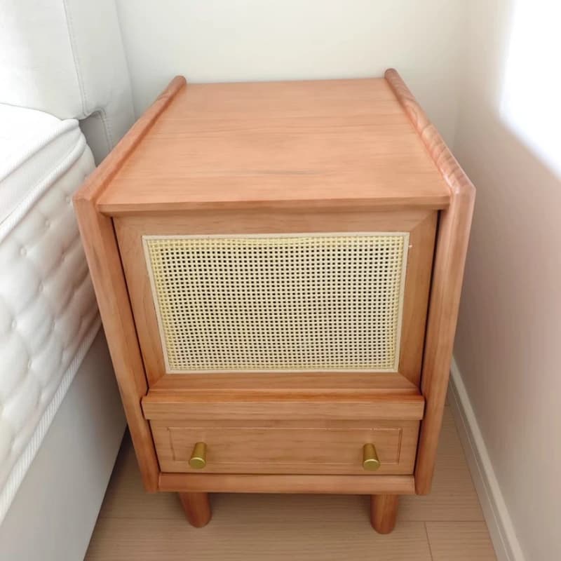 Nordic Solid Wood Nightstand Multifunctional Woven Rattan Bedside Table Minimalist Storage Cabinet with Drawer Sofa Side Tables
