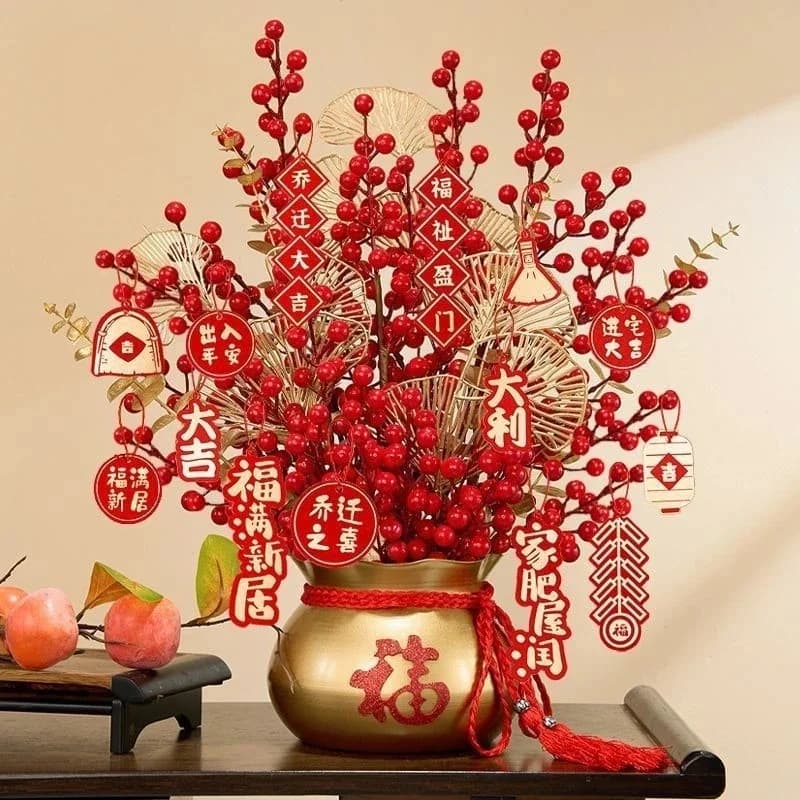 Red Artificial Fortune Fruit Bouquet, LED Light Fake Flowers Vase, Arrangement Home Table Centerpiece Housewarming, Gift Decor