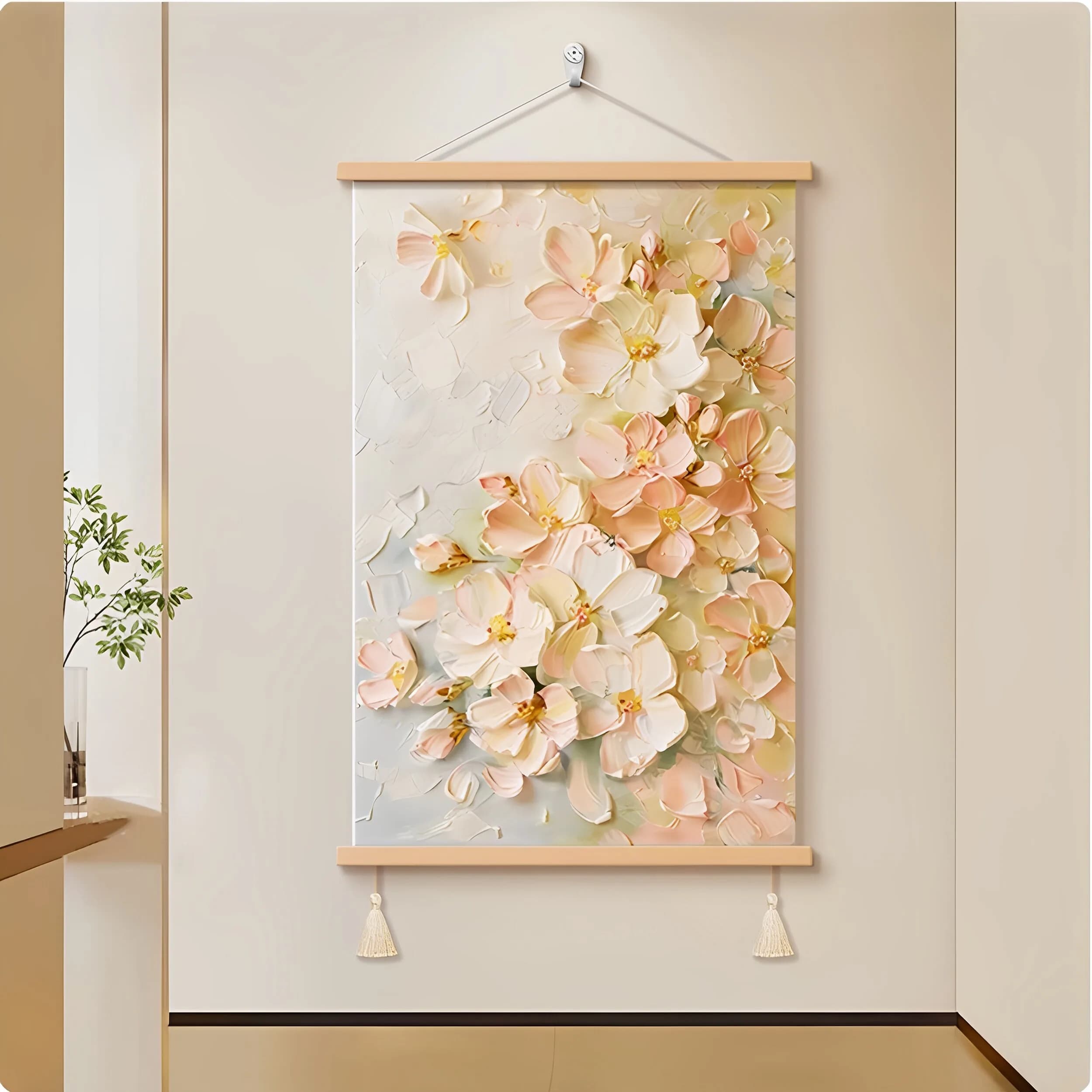 Wall Art Pink Cherry Blossoms and Cream Field French Style Pearlescent Canvas Hanging Scroll with Wooden Rods for Living Room