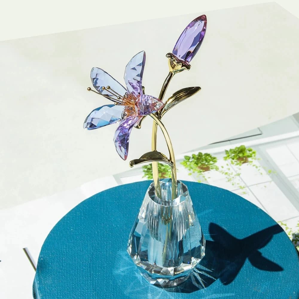 Crystal Lily Flower Figurine Glass Purple Lucky Flower with Vase Highend Collectible Wedding Bouquets For Home Party Decor