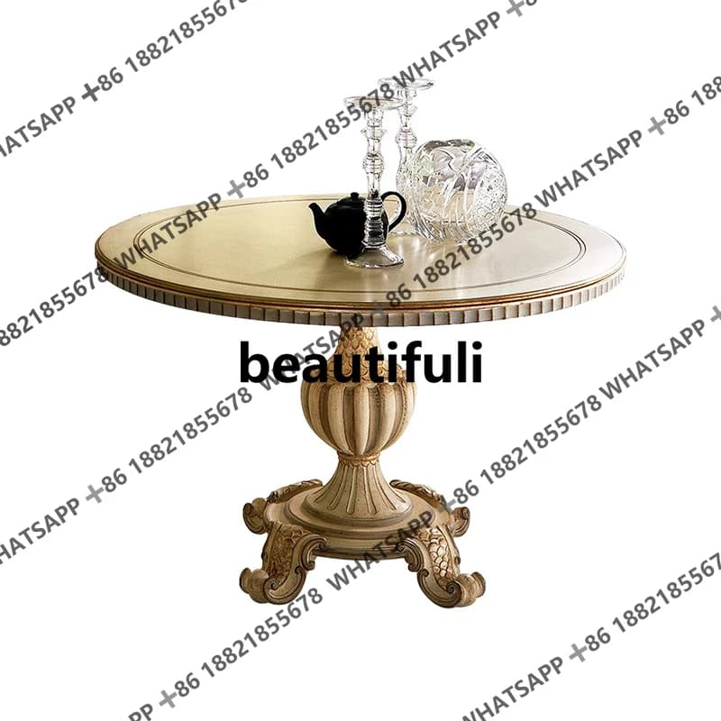 French retro solid wood round dining table carved champagne light luxury dining table dining chair combination