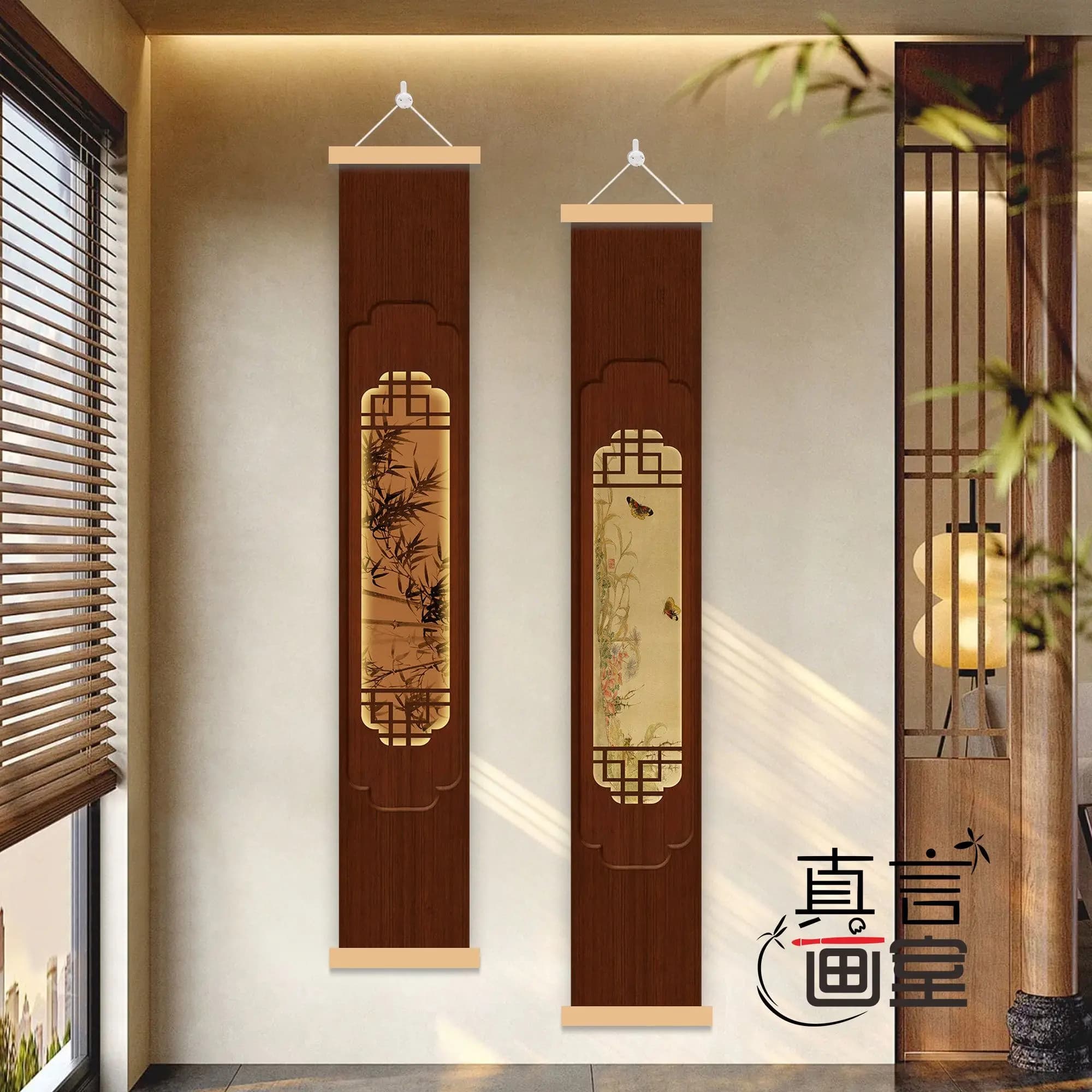 Home Decor Wall Art New Chinese Wooden Scroll LED Light Painting Bamboo Flower Wabi Sabi Japandi Zen for Study Tea Room Decor