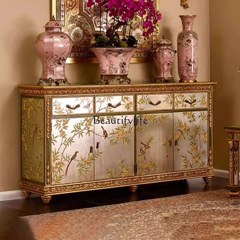 02*French retro solid wood painted entrance cabinet decorative storage European multi-functional storage shoe cabinet