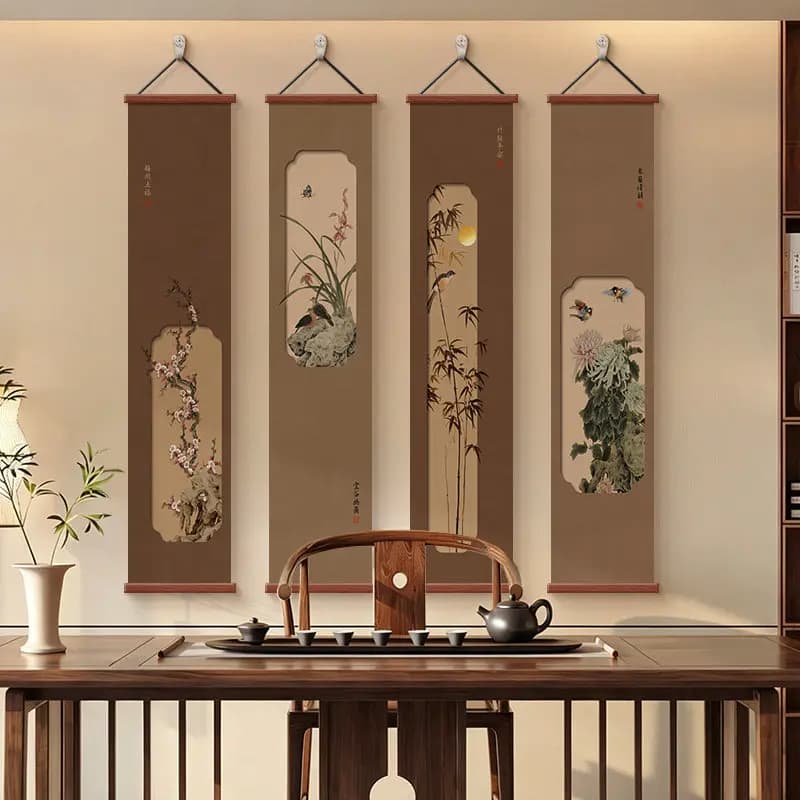 Zen Oriental Wall Art Set of 4 Plum Blossom Orchid Bamboo Chrysanthemum Scrolls for Tea Room Study Aesthetic Room Decor