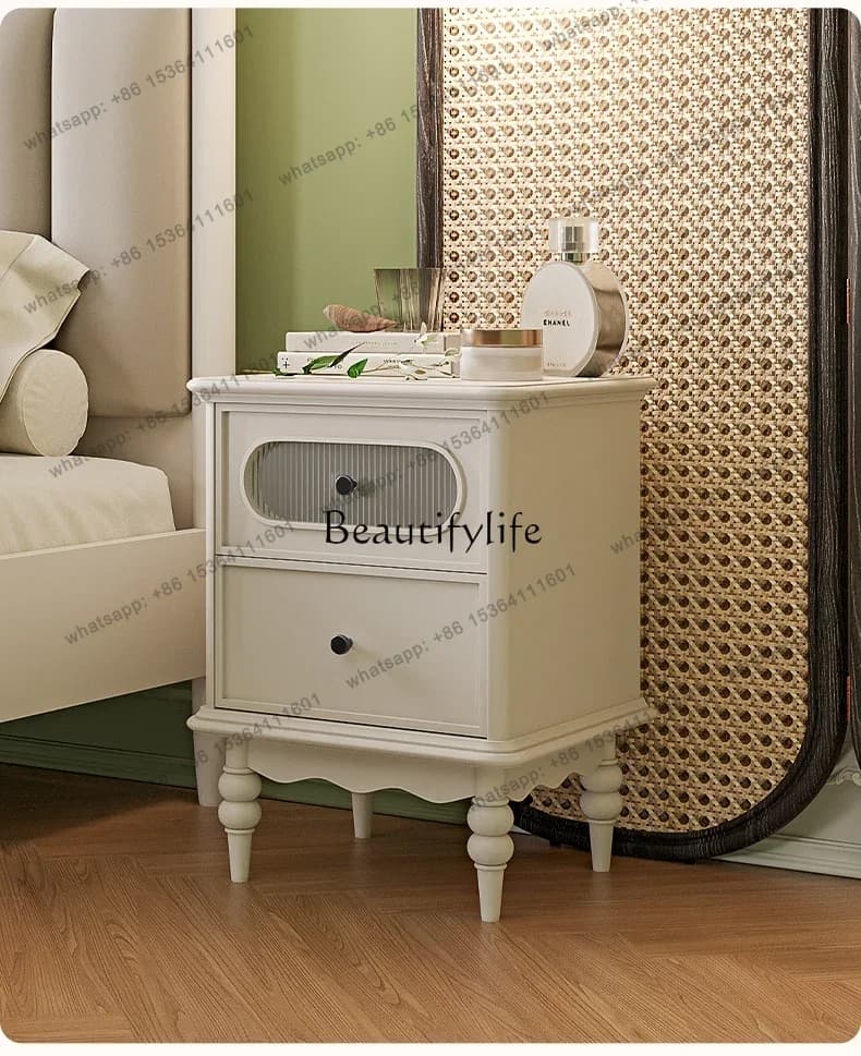 French Retro White Solid Wood Glass Bedside Table Light Luxury Small Apartment Bedroom Storage Chest of Drawer