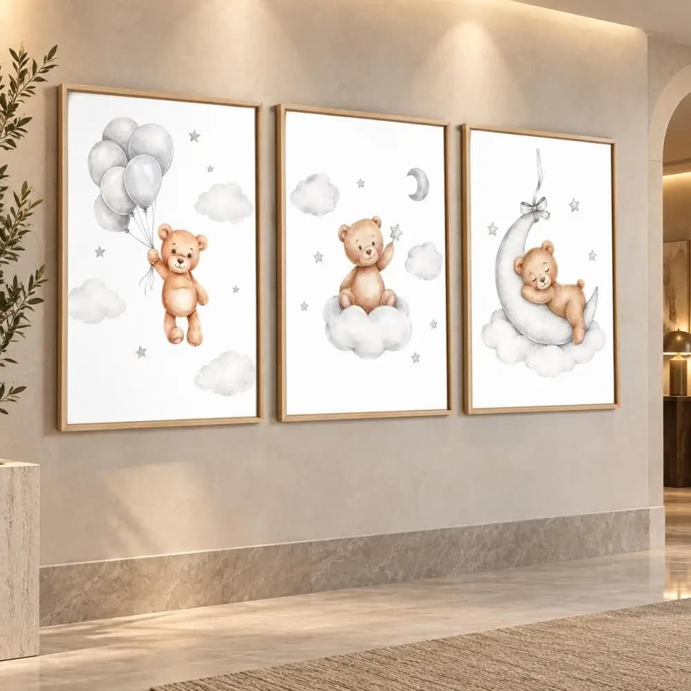 Cute Bear with Balloons Painting Calligraphy Canvas Prints Set of 3 Wall Art for Living Room Decor Vintage Fashion Decals