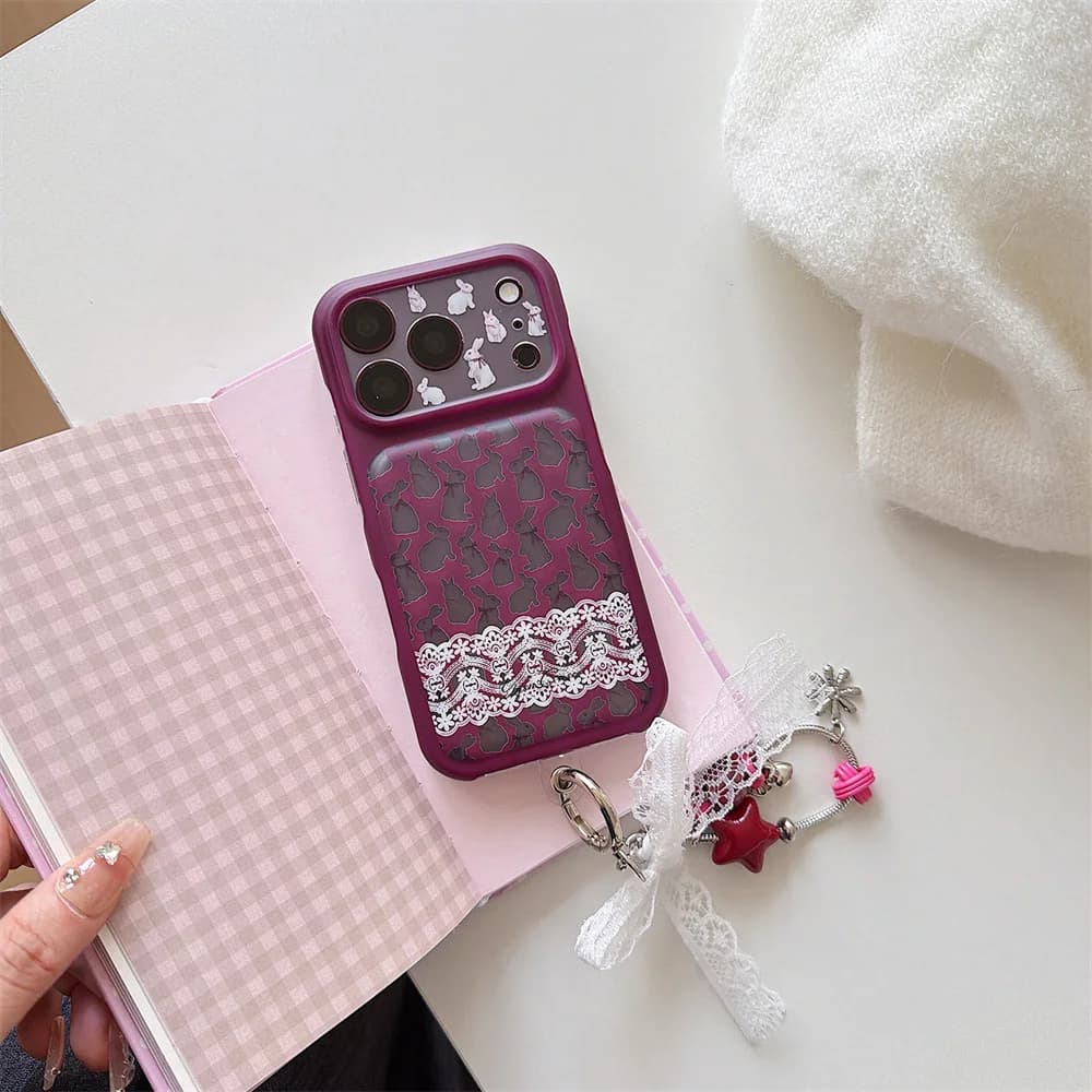 Korea Ins hollow rabbit lace Phone Case For iPhone 18 Pro 15 16 17 Pro Max Cover Shockproof Soft Cute Cases with Chain 18pro
