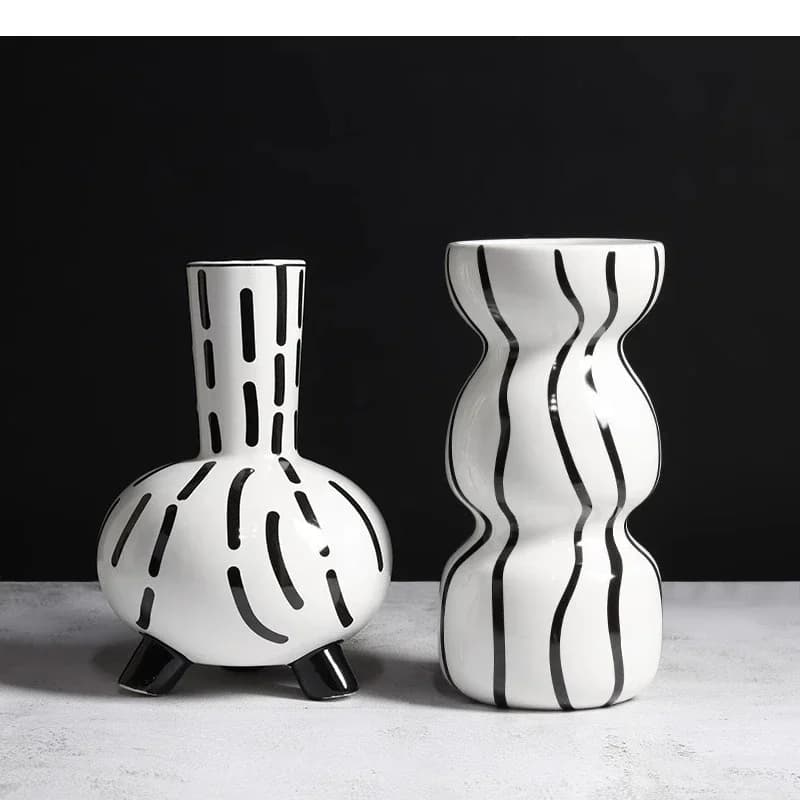 Black and White Striped Ceramic Vase Tabletop Flower Ware Ornaments Arrangement Living Room Aesthetic Decor