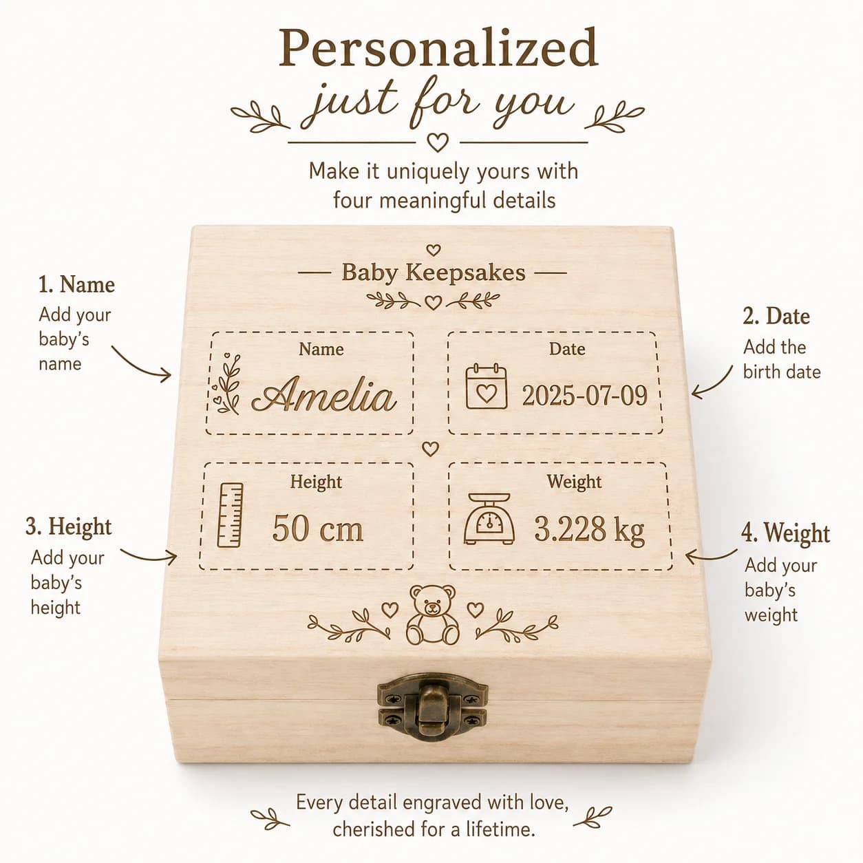Customized Personalized Wooden Baby Tooth Keepsake Box, Custom Name and Birth Data Keepsake Box, Can Hold Umbilical Cord, Baby Tooth, Hospital Tag, First Haircut Hair Box, Cute Design Growth Keepsake Box, Baptism Ceremony, Birthday Souvenir Series, Perfect for Home Decoration and Birthday Gifts, Bir