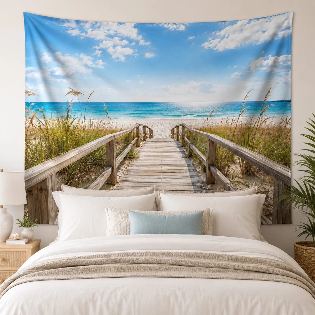 Beach Sea View Tapestry Wall Hanging Polyester Woven Boho Room Decor Aesthetic Ocean Wooden Path Landscape Backdrop Blanket