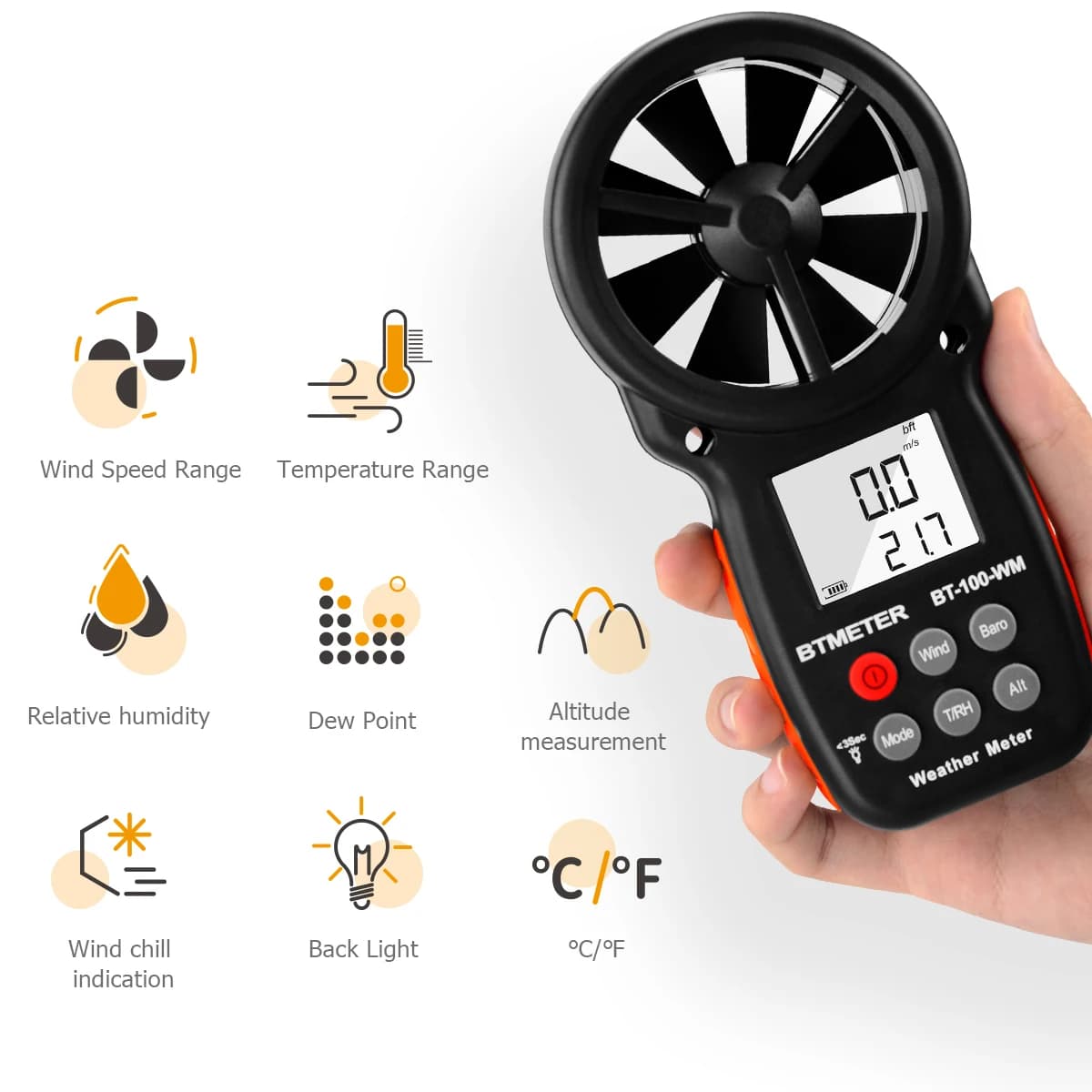 BTMETER BT-100-WM Handheld Digital Anemometer & Barometer, Equipped With Temperature & Humidity Testing Functions, 0.3-30 M/s