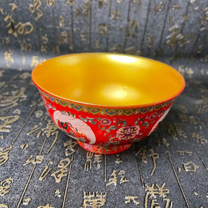Vintage Painted Crane Bowl with Gold Plating, Zhen Guan Year Edition, Office Craft Ornament, Miscellaneous Items