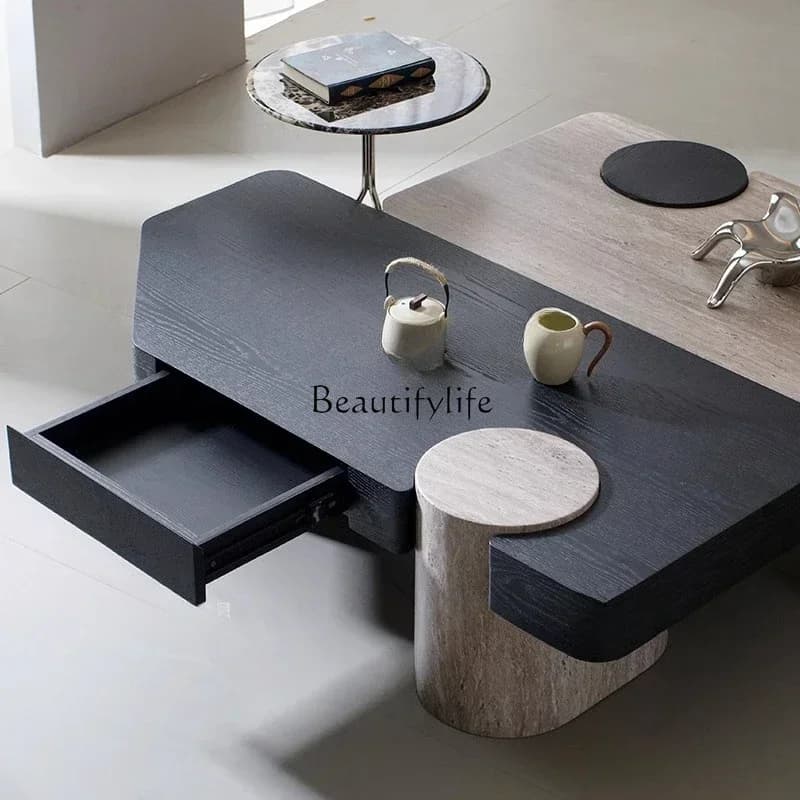 04ld14ld14 Irregular Square Coffee Table with Drawer Home Creative High-end Feel Coffee Table Set Wabi-sabi Style
