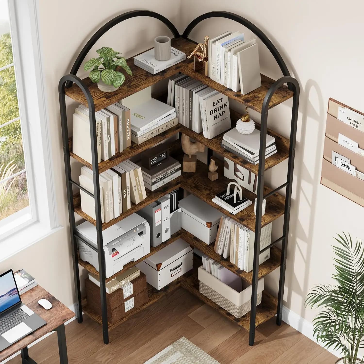 Arched Bookshelf Corner Bookcase, L Shaped Bookshelf Industrial Corner Bookshelves, Large Bookcase with Metal Frame, Corner Shel