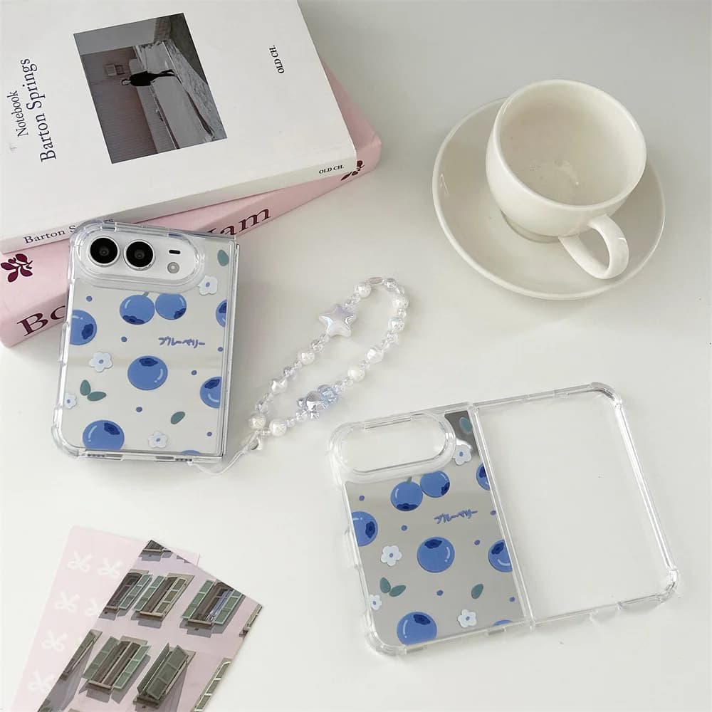 New Korea Cartoon Mirror Blueberry print Phone Case For iPhone Duo Foldable Protective Cover Cute Cases Shockproof with Chain