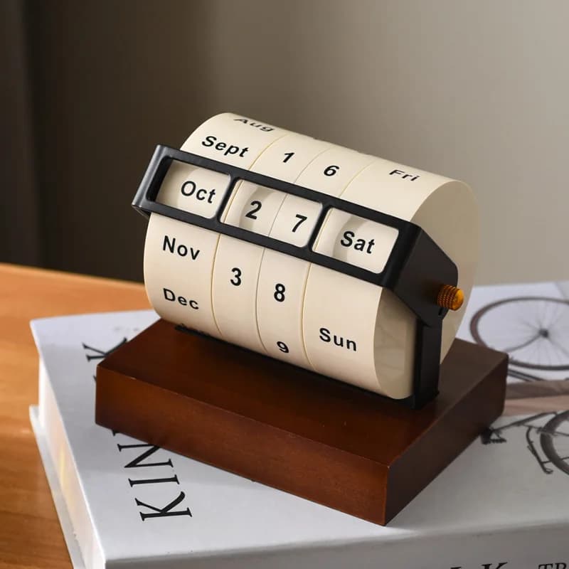 HeMu Creative Cylinder Perpetual Calendar, Manual Rotating Date Display, Minimalist Wooden Desktop Accessory for Desk Decor