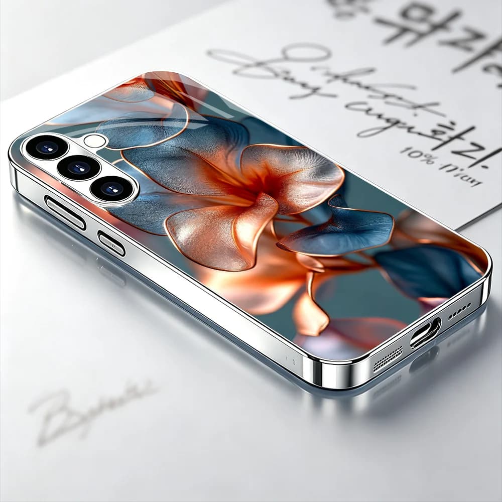 Orange blue flowers Tempered Glass Fashion phone case for Samsung Galaxy S26/S25/S24/S23/S22/S21 FE Ultra Plus Shockproof