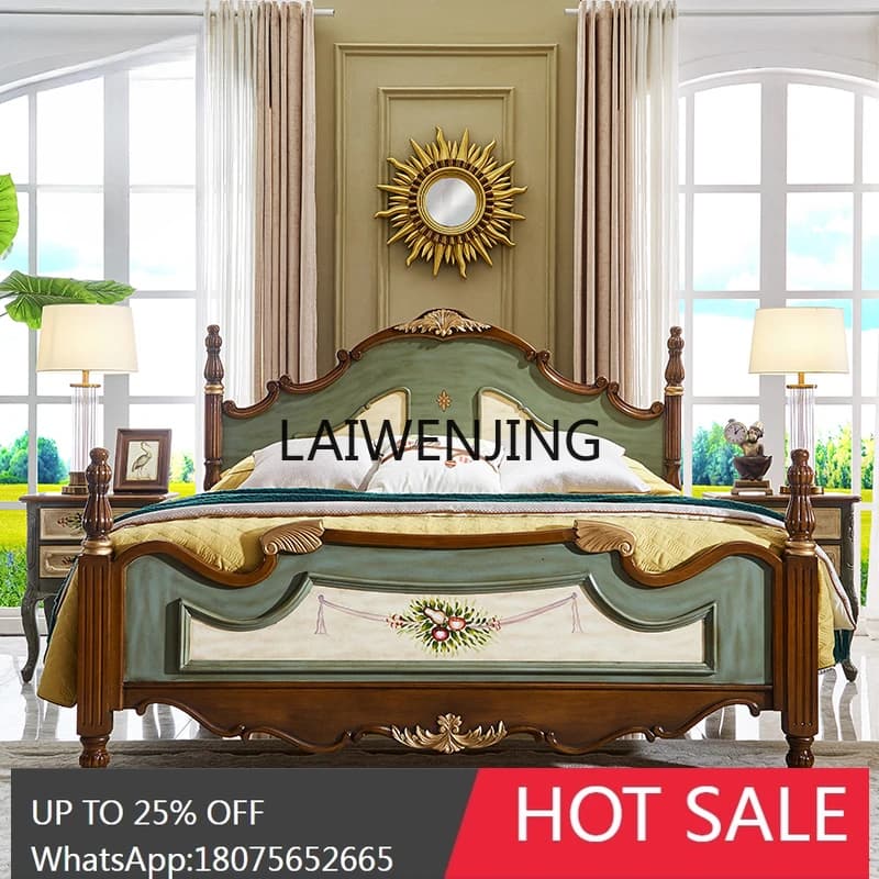 LYN American solid wood   bed double master bedroom pastoral retro European high box storage bed