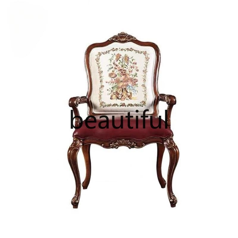 French luxury solid wood leather dining chair round table combination European classical high-end carved armchair