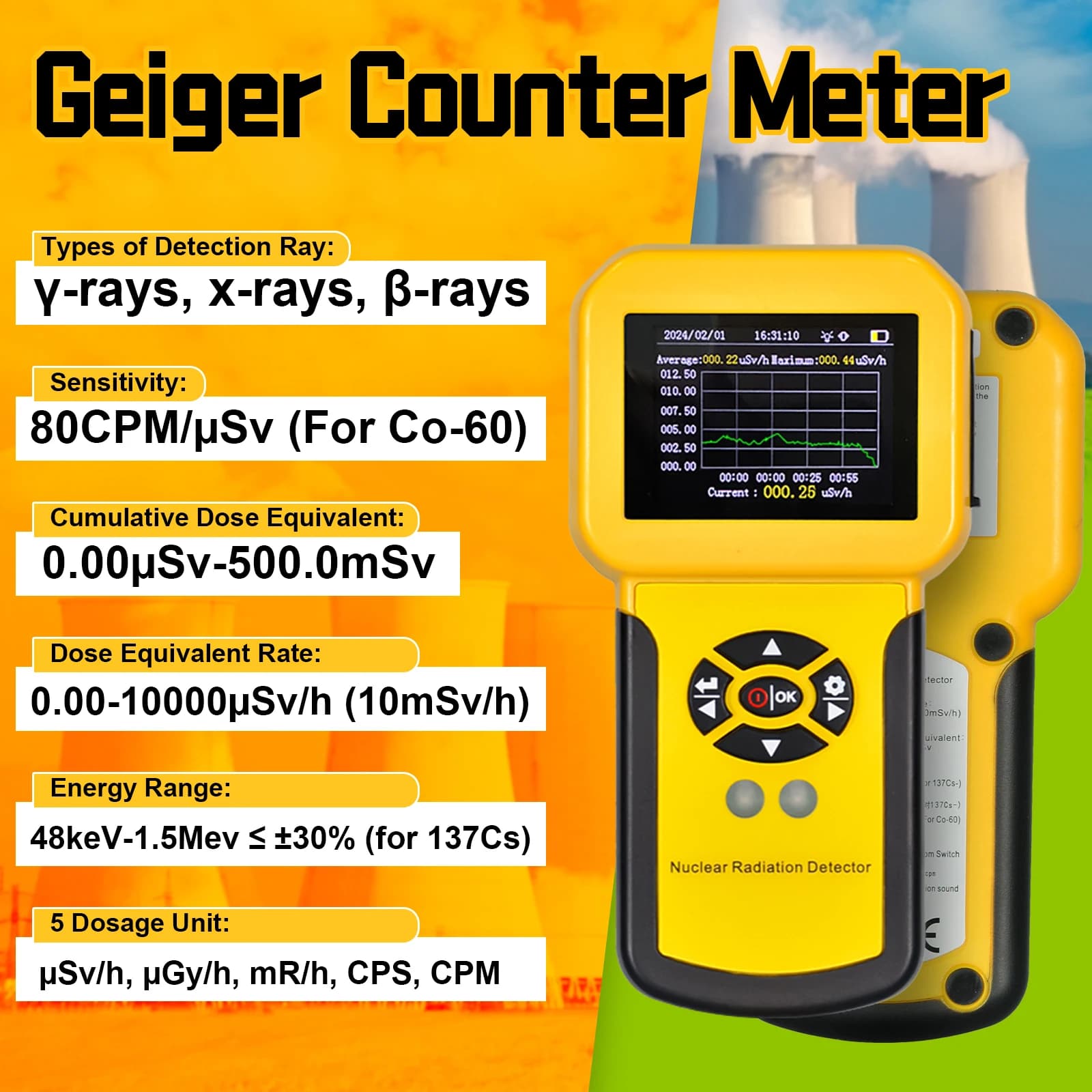 Digital Geiger Counter Nuclear Radiation Detector Dosimeter β/γ/X-Ray Tester Rechargeable Radiation Monitor with Alarm