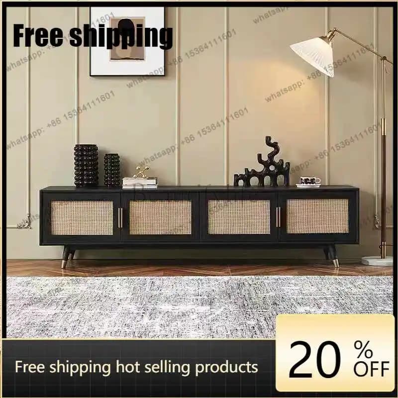 jj4 Best Seller Nordic Modern Retro Solid Wood TV Cabinet Rattan Light Luxury Living Room Audio-visual Cabinet Black