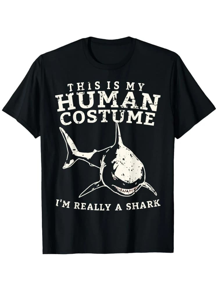 "This Is My Human Costume I'm Really a Shark"Funny Fishing Graphic-100% cotton O-neck short sleeve printed men's T-shirt.