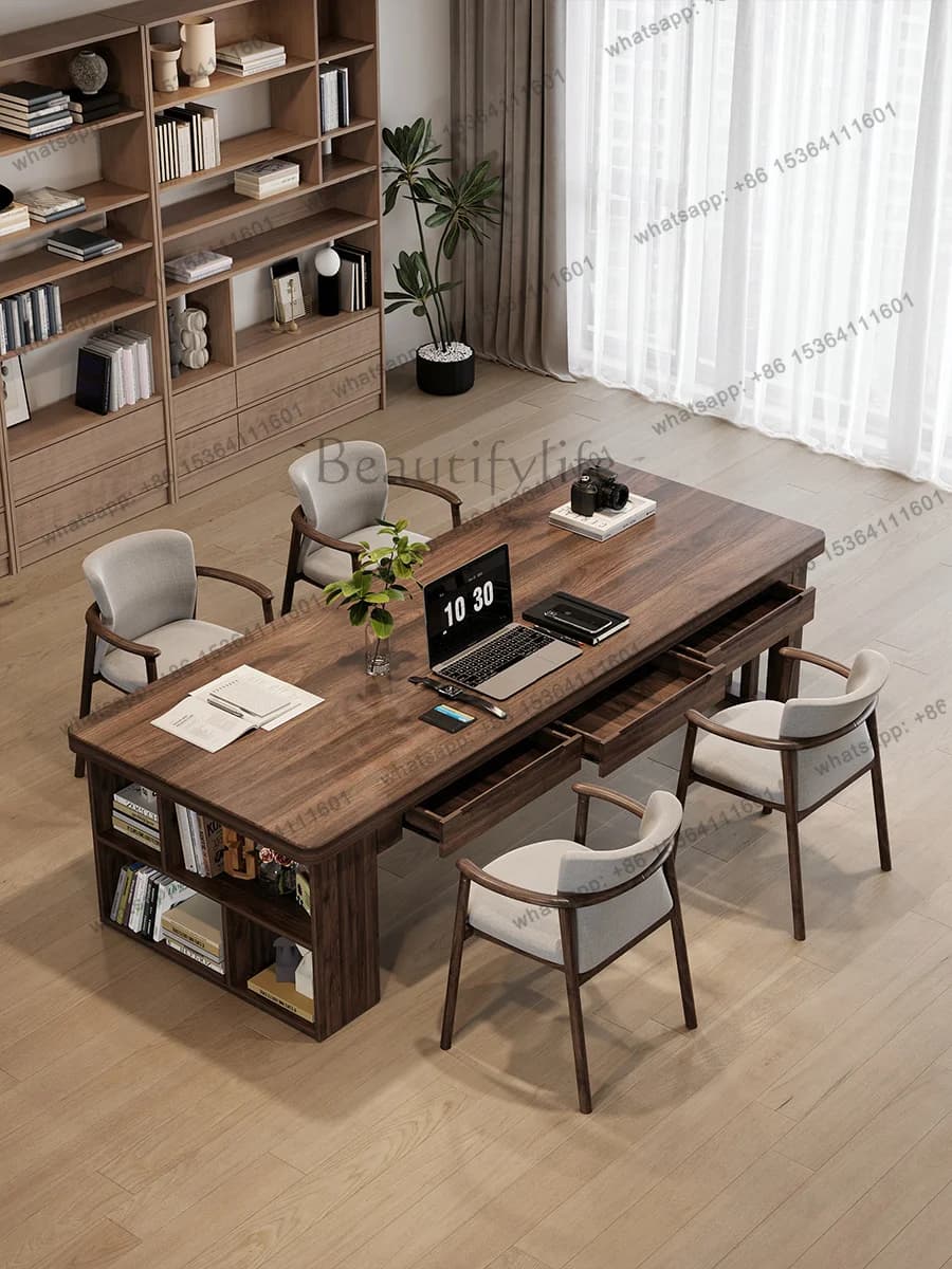 South American walnut with bookcase storage drawer study desk home full solid wood long desk