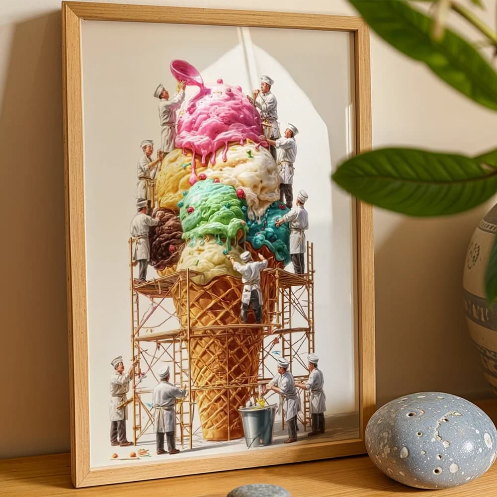 Fun Giant Ice Cream With Builders Canvas Poster Wall Art,2D Print Wall Decor,Creative Home Gift For Living Room Dining Room