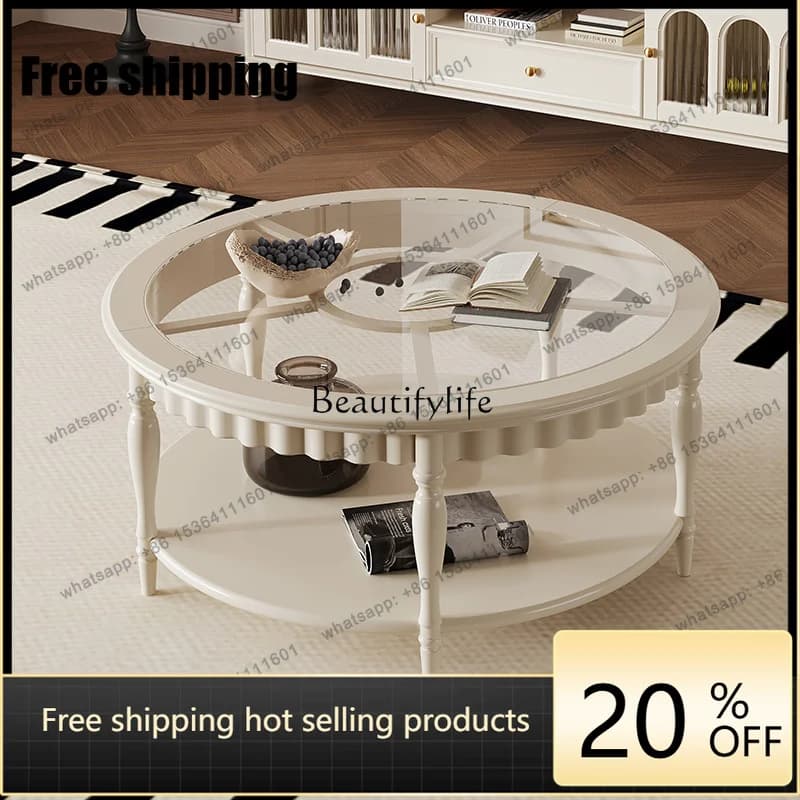 Factory DirectAmerican Retro Solid Wood Round Coffee Table French Style Living Room Home Storage Glass Tea Table