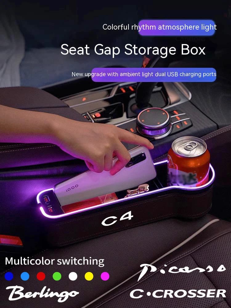 For Citroen C3 C4 C5 C6 C7 C8 Berlingo Nemo VTS Xsara C-Crosser Car LED 7 Colors Adjustable Seat Gap Crevice Slot Storage Box