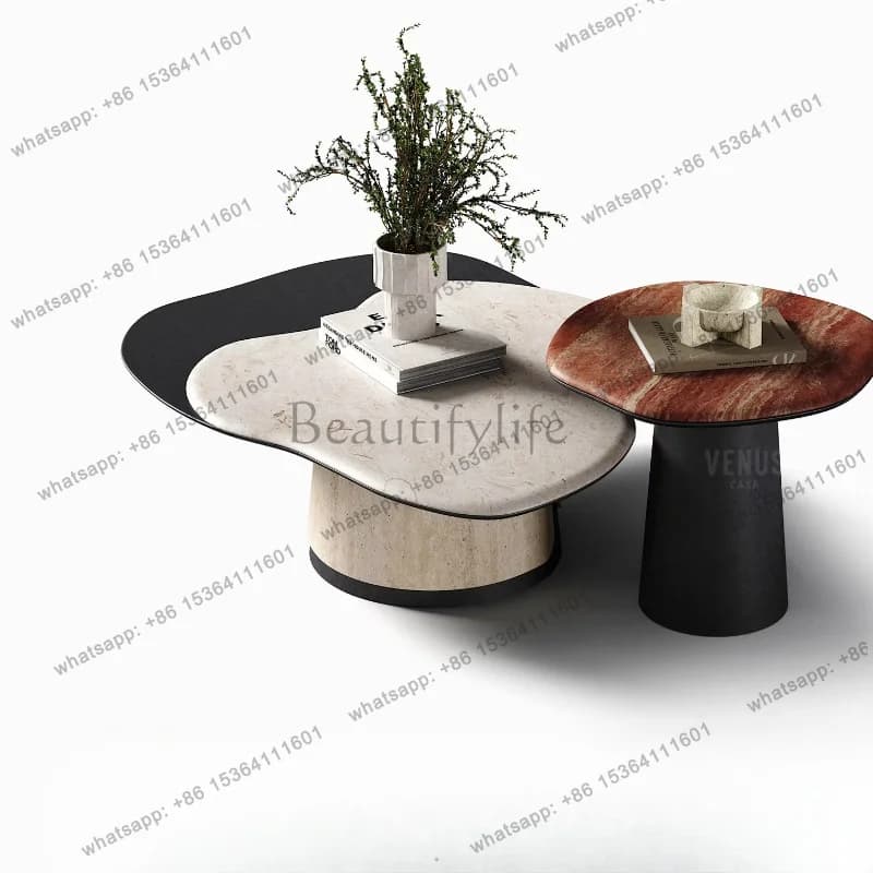 YJ Retro Natural Marble Coffee Table Designer Original Living Room Irregular Shape Set