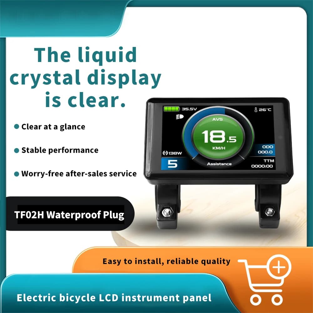 KT 36-48V TF-02H Lithium Battery LCDColor Screen InstrumentPanel with Waterproof Connector for Mountain Bike/E-Bike Modification