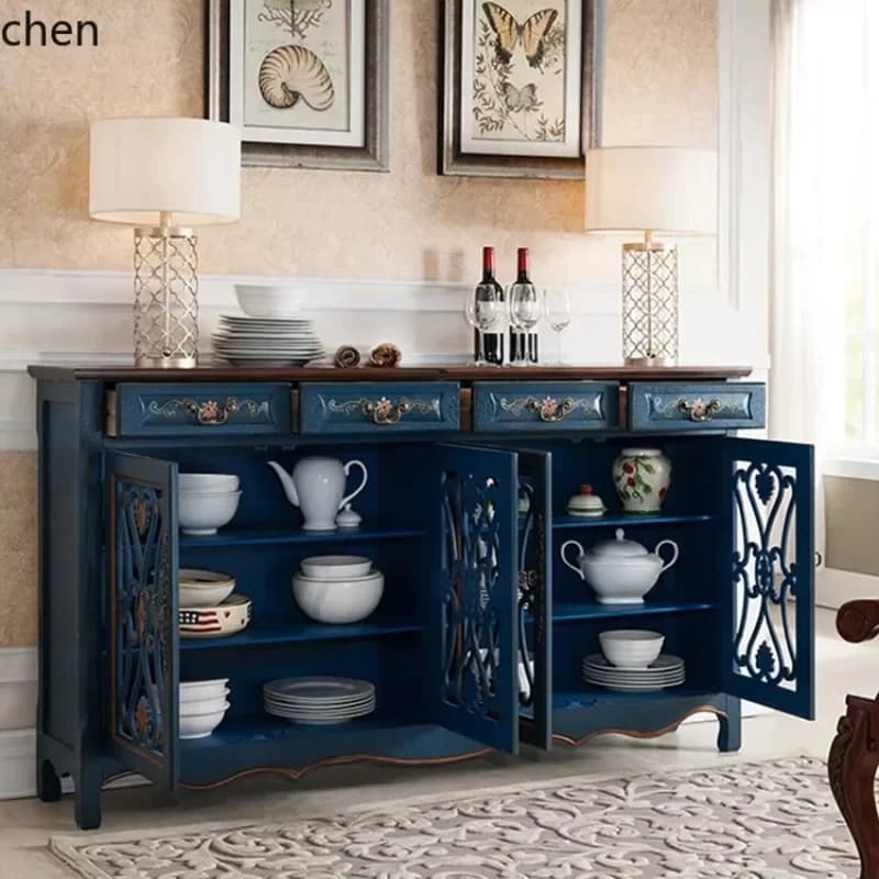 DSA  Luxury Sideboard Cabinet Solid Wood Drawer Blue Hollow Entryway Shoe Cabinet