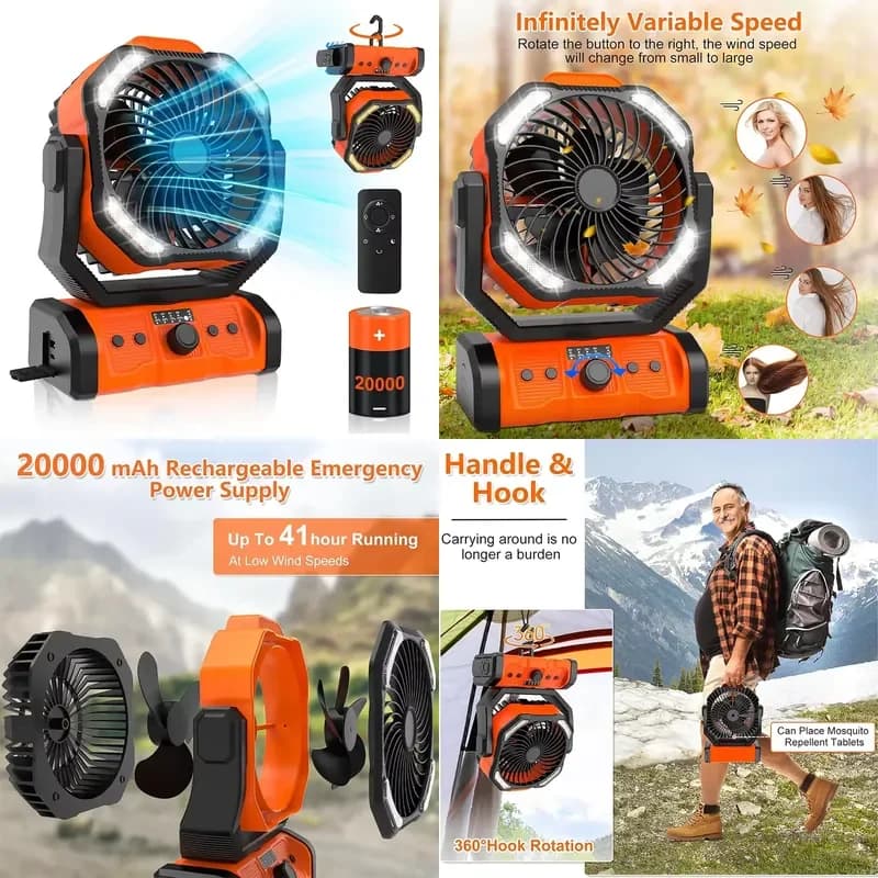 Double Motor Outdoor Camping Fan 20000mah Desk Table Rechargeable Fan With Power Bank Lighting USB Portable Outdoor Fan for
