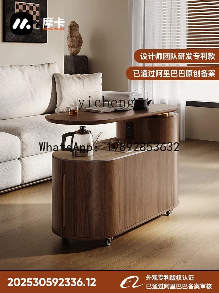 W8-X3  solid wood mobile tea table household small tea cart rock slab rotatable side table balcony tea cabinet
