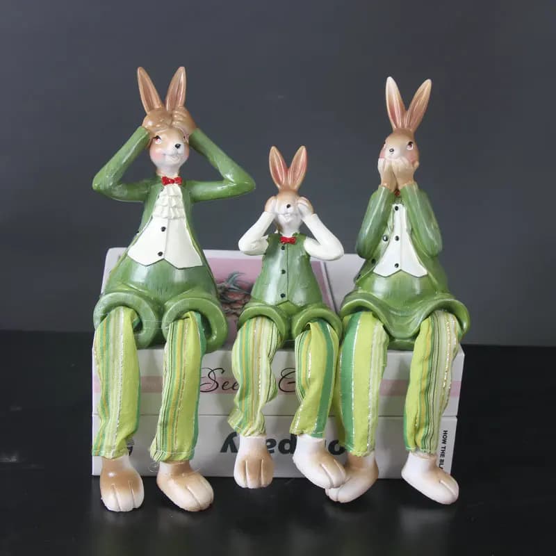 Adorable Cartoon Rabbit Family Figurine Three Generations Hanging Feet Doll Resin Craft Home Interior Decoration