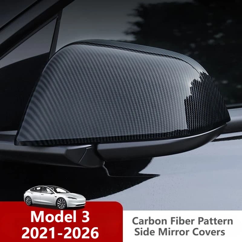 2Pcs Mirror Protector Covers Carbon Fiber Pattern for All Tesla Model 3 Highland, Hydro Dipped Rearview Mirror Decorative Caps