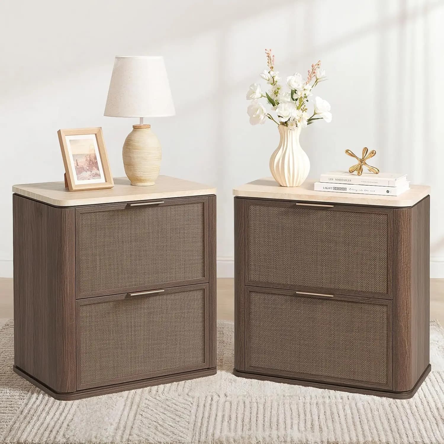 2PCS 23.11Inch Wide Boho Mid Century Rattan Nightstand With 2 Drawers Faux Apartments Marble Top Bedroom Bedside Table Custom