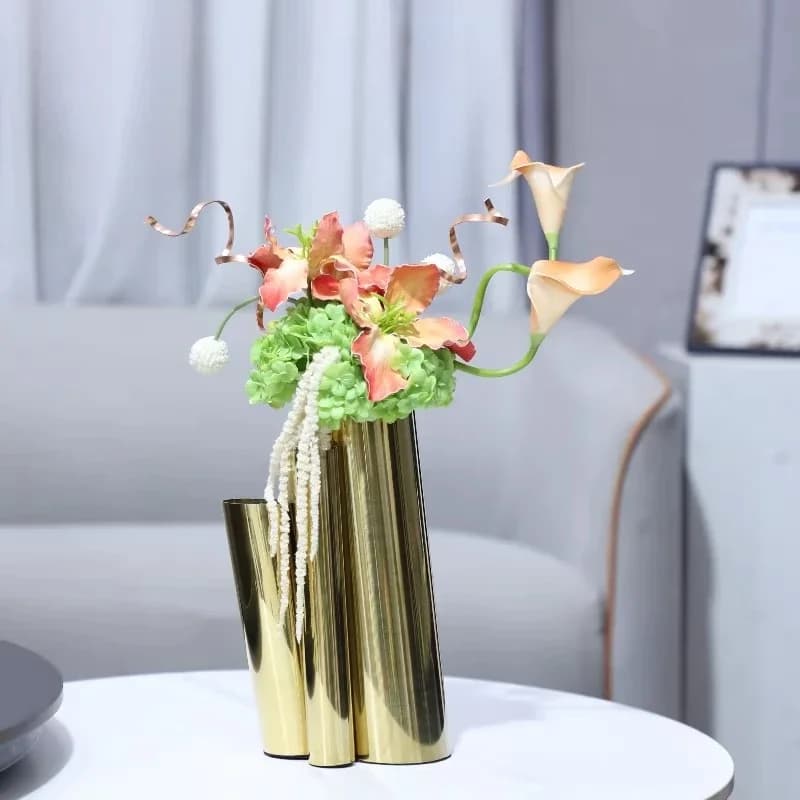 Creative Golden Stainless Steel Round Pipe Spliced Geometric Pipe Flower Vase Flower Arrangement Accessories Metal Vase