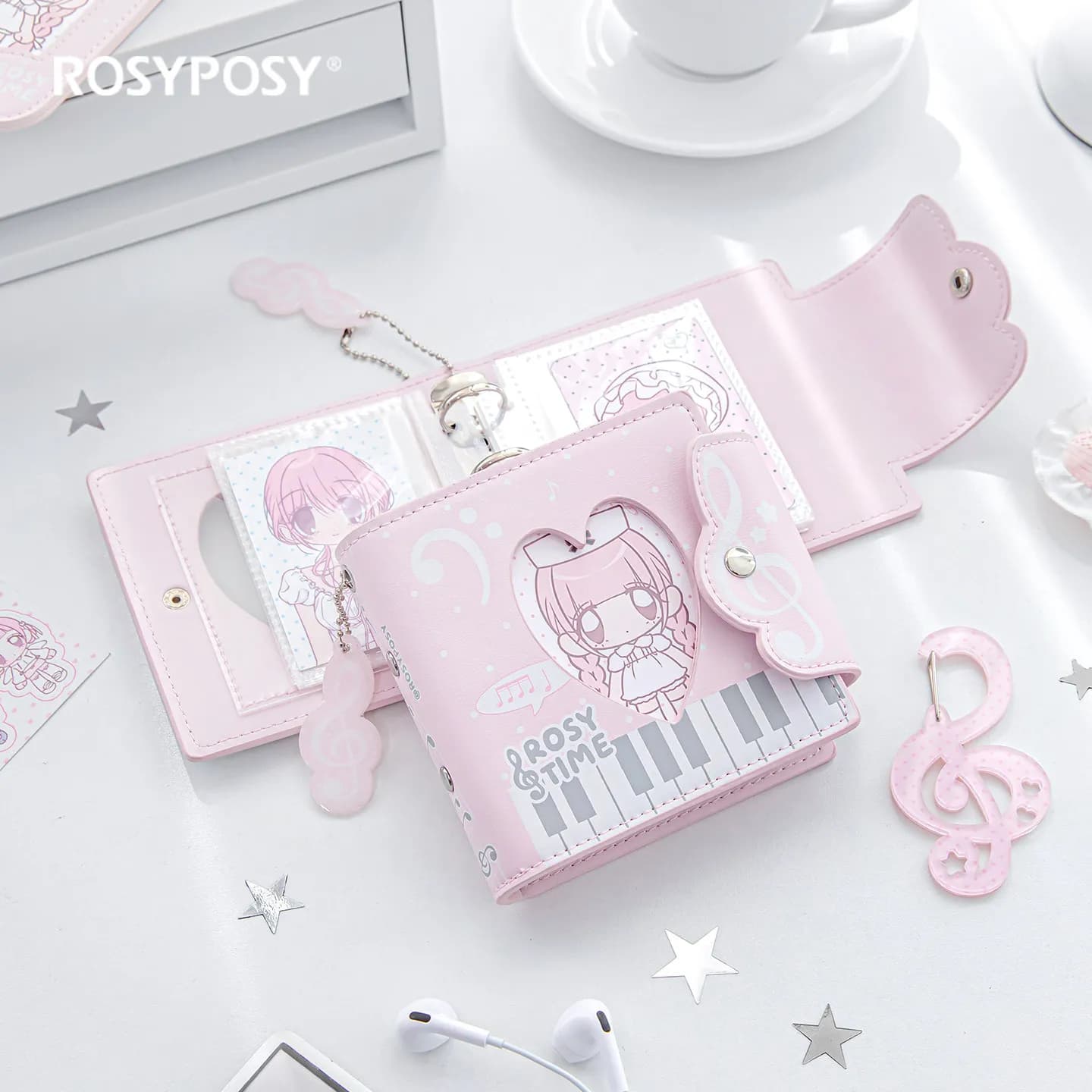 Korean Style Pink Melody Note 1-Grid Ring Binder K-pop Album Card Holder for Fans, Polaroid Photo Storage ﻿Ins Mini Album