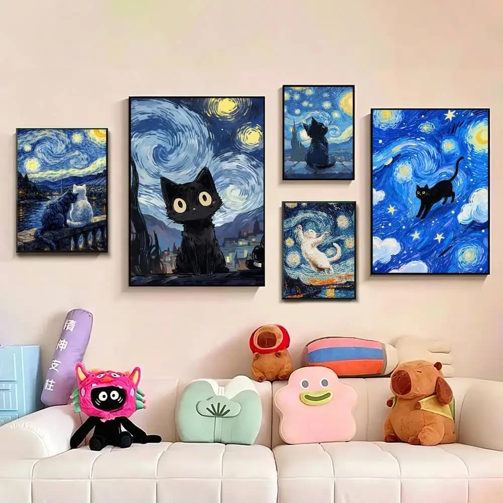 Cute Cat V-Van G-Gogh Starry Sky Poster Waterproof Wall Art Sticker For Bar Living Room Vintage Decor