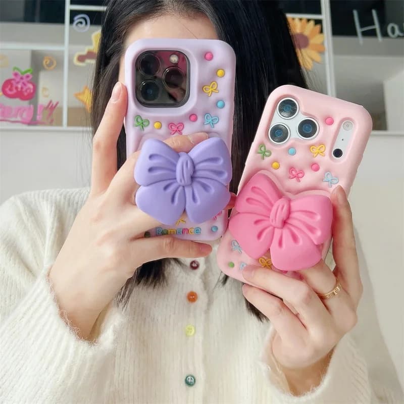 Cute 3D Bowknot Case Telescopic Bracket Silicone Phone Case For iPhone 18 17 16 Plus 15 14 13 12 Pro Max Funny Shockproof Cover
